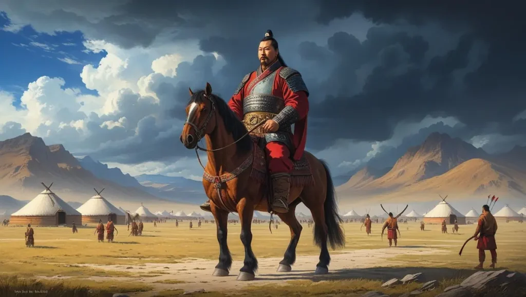 Retrato imponente do Império Mongol no auge de sua expansão: Genghis Khan montado em seu cavalo de guerra, vestindo armadura tradicional mongol, em uma planície vasta e aberta sob um céu dramático. Ao redor, guerreiros mongóis com arcos compostos, tendas tradicionais (gers). Fundo com vastas estepes e montanhas distantes, estilo artístico realista e épico, enfatizando poder, domínio e conexão com a natureza.