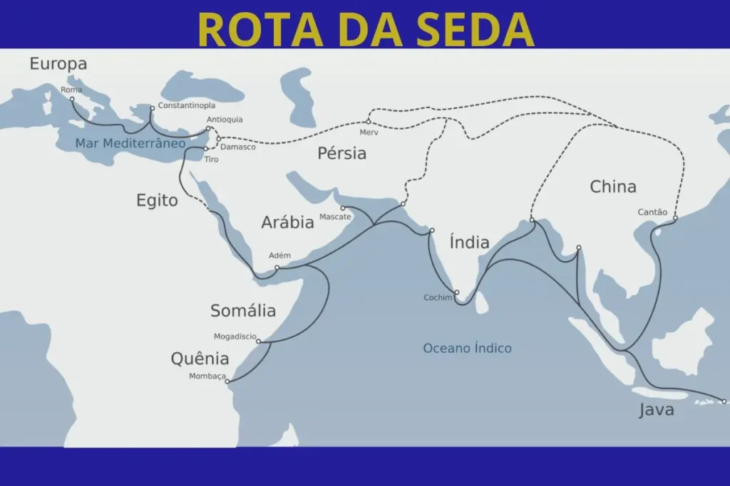 Mapa com as rotas principais da rota da seda