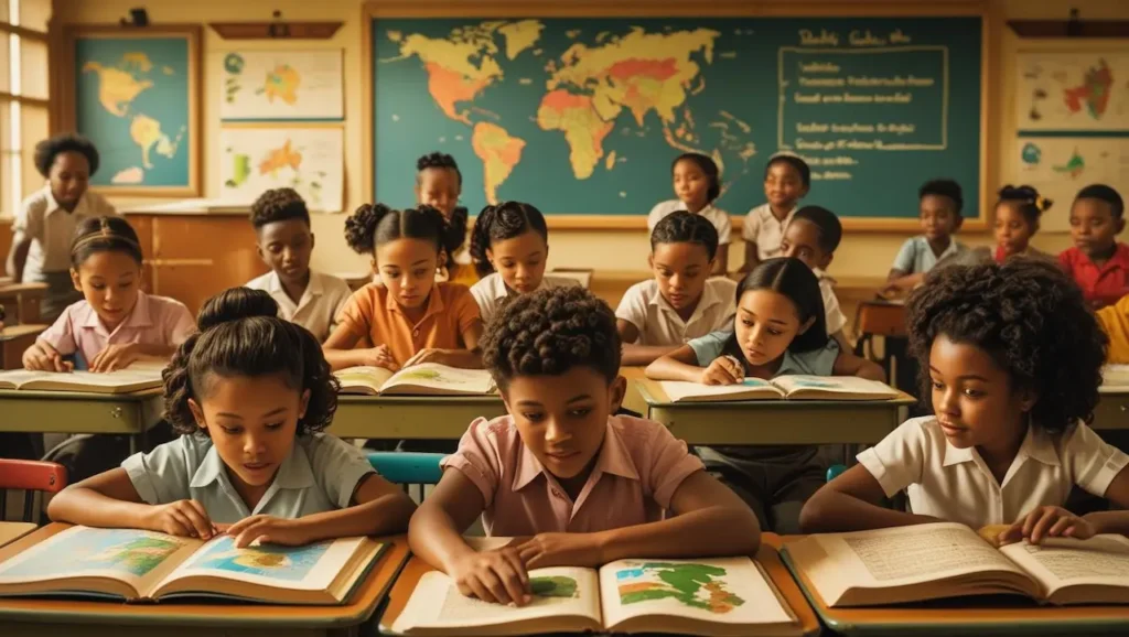 Uma sala de aula moderna do século XX com crianças de diversas origens étnicas e sociais participando ativamente de uma aula, usando recursos pedagógicos inovadores da época — livros, mapas, quadros-negros — em um ambiente iluminado e acolhedor, que simboliza a expansão e modernização da educação, com um professor envolvido e motivado ao fundo, representando inclusão, diversidade e progresso educacional.