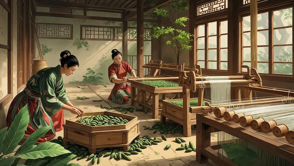 Ilustração detalhada e histórica da sericultura na época da Rota da Seda: criação do bicho-da-seda em caixas de madeira tradicionais, folhas de amoreira frescas para alimentação, pessoas vestindo roupas típicas antigas chinesas cuidando dos casulos, e o processo artesanal de fabricação dos fios de seda, com bobinas e teares rudimentares. Ambiente ambientado no interior de uma casa antiga chinesa, cheia de luz suave e elementos culturais históricos, estilo artístico realista e educativo.