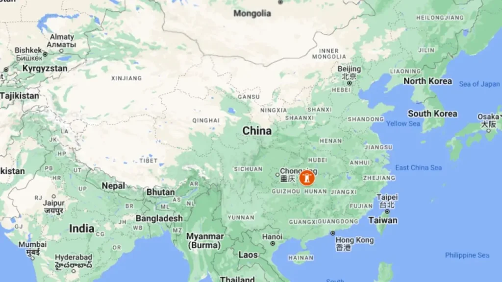 Mapa com a localização do Parque Florestal Nacional de Zhangjiajie