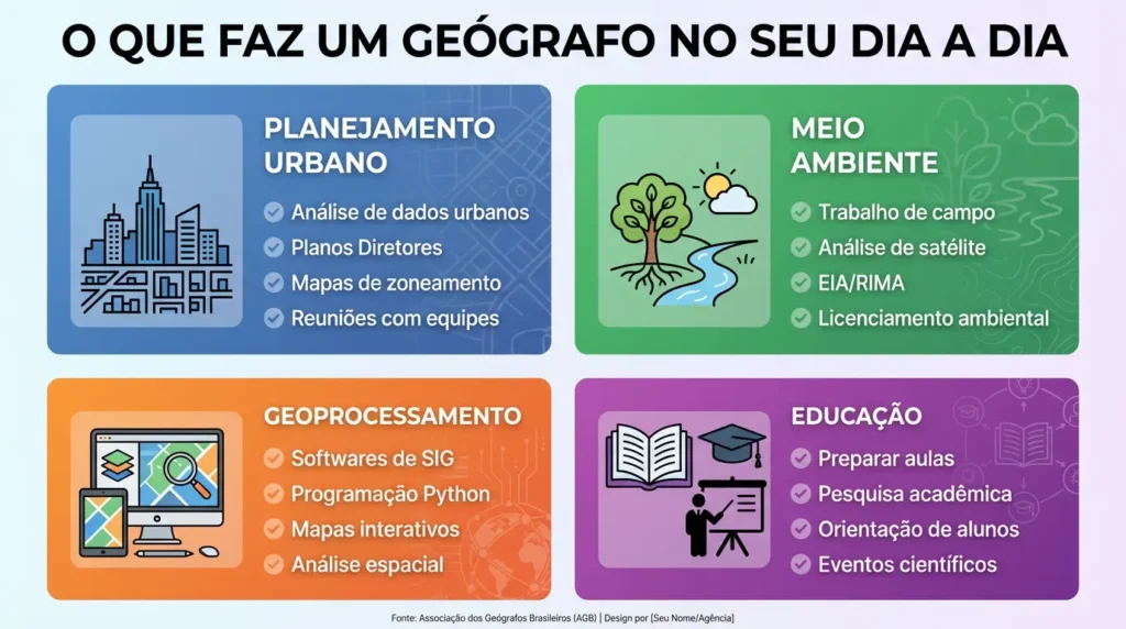 O Que Faz um Geógrafo no Dia a Dia? Áreas de Atuação e Rotina (2025) 2 Um infográfico visualmente atraente que resume as diferentes rotinas (Planejamento Urbano, Meio Ambiente, Geoprocessamento, Educação)