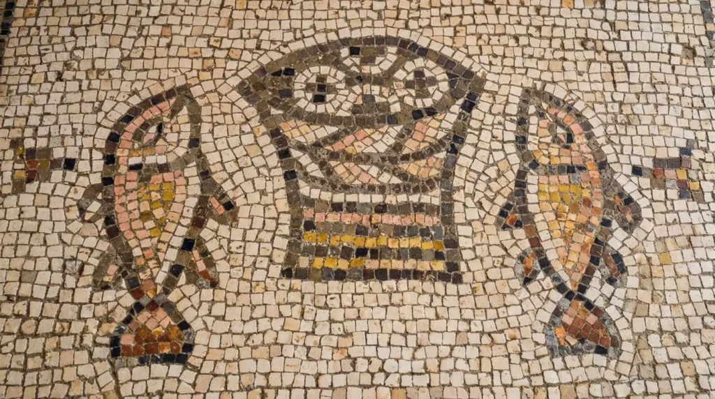 Por Que Israel é Importante para os Cristãos? Entenda a Conexão Profunda 3 Mosaico bizantino do século V em Tabgha mostrando a cesta de pães e dois peixes, um dos locais sagrados que explica por que Israel é importante para os cristãos.