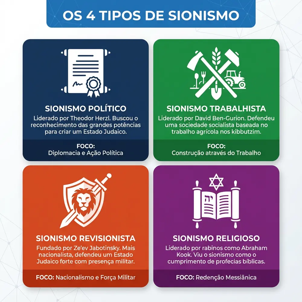 O Que é Sionismo: Origens, História e Significado Explicados 2 Infográfico com os diferentes tipos de sionismo e suas principais características.