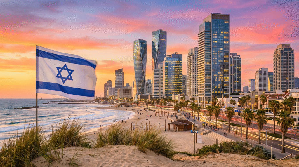 História de Israel: Dos Patriarcas ao Estado Moderno 4 Vista moderna de Tel Aviv ao pôr do sol com a bandeira de Israel, simbolizando o renascimento e a prosperidade do Estado moderno