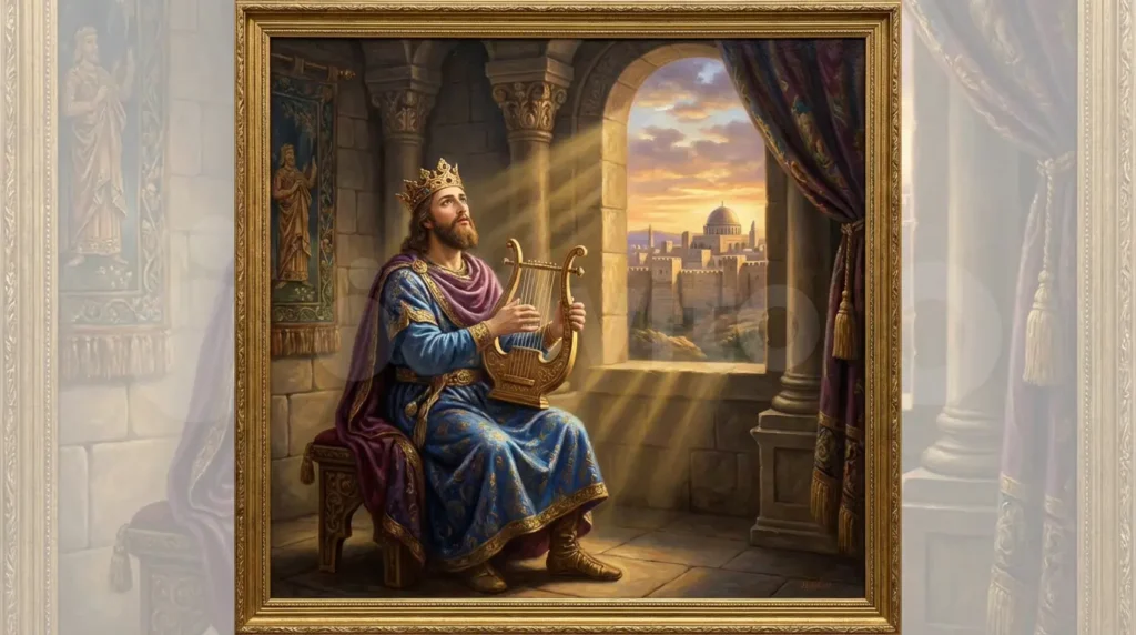 História de Israel: Dos Patriarcas ao Estado Moderno 2 Pintura do Rei Davi tocando harpa em seu palácio, com vista de Jerusalém antiga, representando a idade de ouro da monarquia de Israel