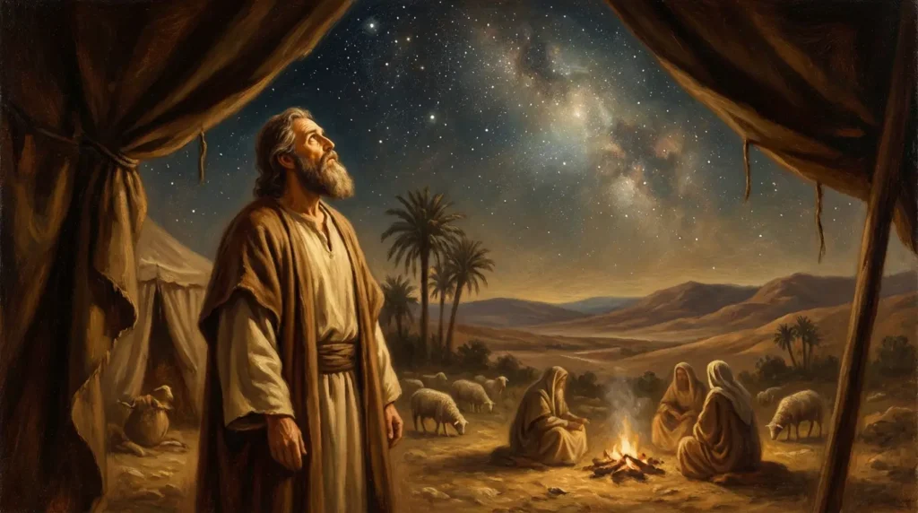História de Israel: Dos Patriarcas ao Estado Moderno 1 Pintura representando Abraão, patriarca de Israel, contemplando o céu estrelado no deserto de Canaã, simbolizando a promessa divina