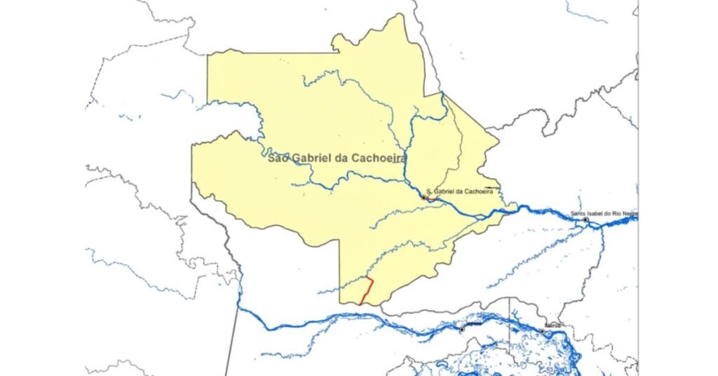 São Gabriel da Cachoeira e o alto rio Negro: a geografia de um Brasil sem estradas 2 Mapa de São Gabriel da Cachoeira mostrando o município, o rio Negro e a fronteira com a Colômbia e a Venezuela.